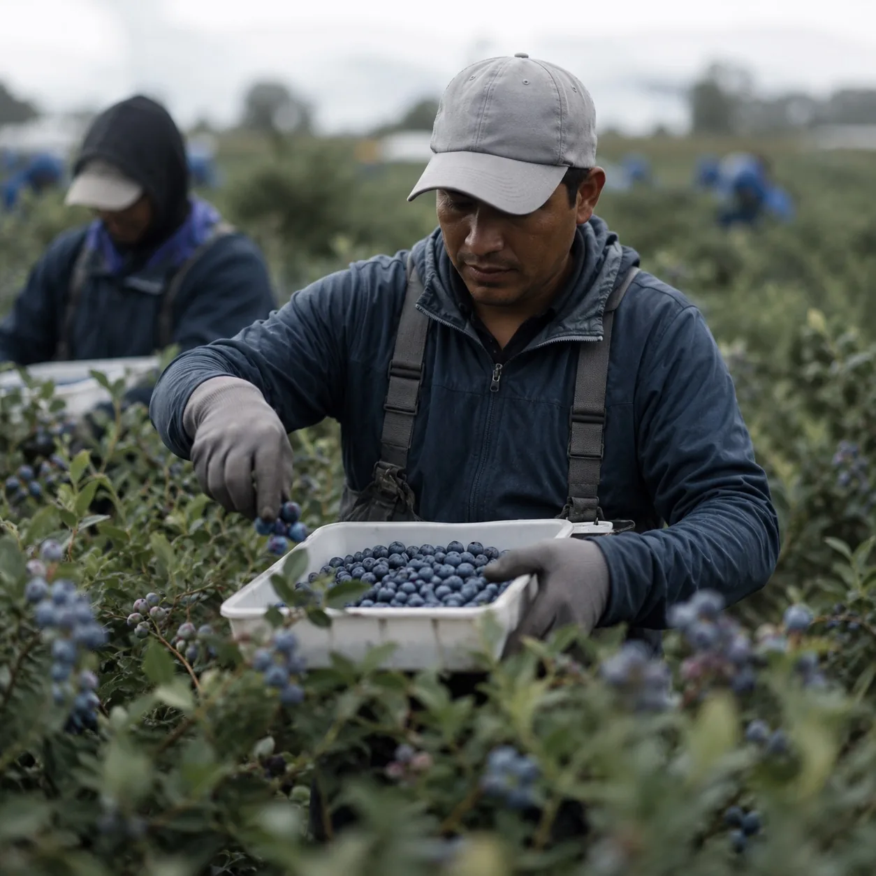 Trabajadores cosechando arándanos a mano en un cultivo intensivo, colocando la fruta en bandejas de recolección.