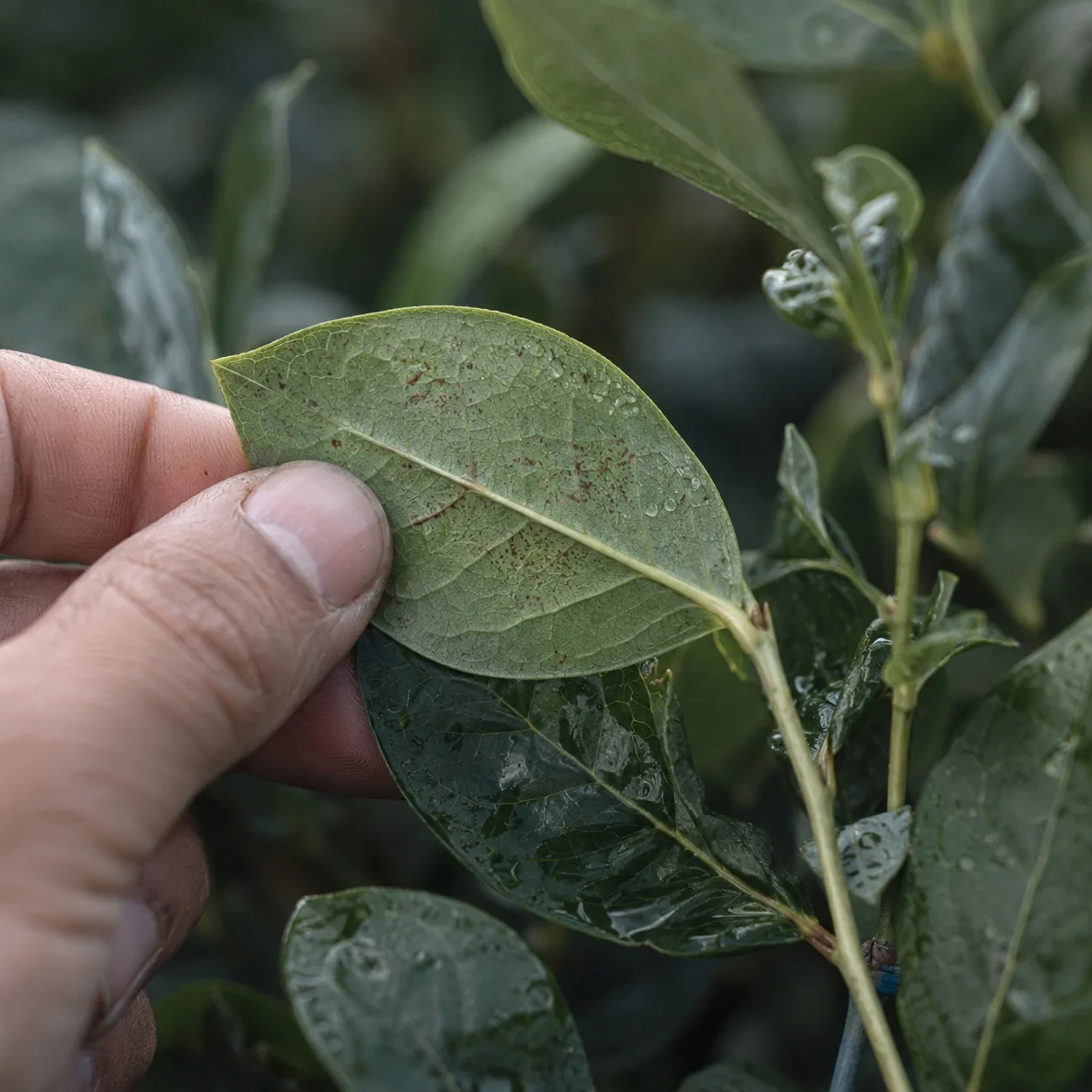 Agrónomo inspeccionando el envés de una hoja en busca de signos tempranos de plaga o enfermedad en el cultivo.